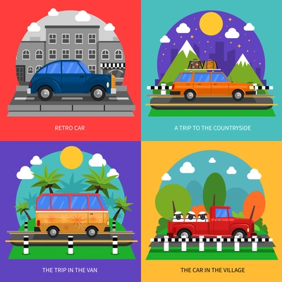 Cars concept icons set with retro and village cars and trips symbols flat isolated vector illustration