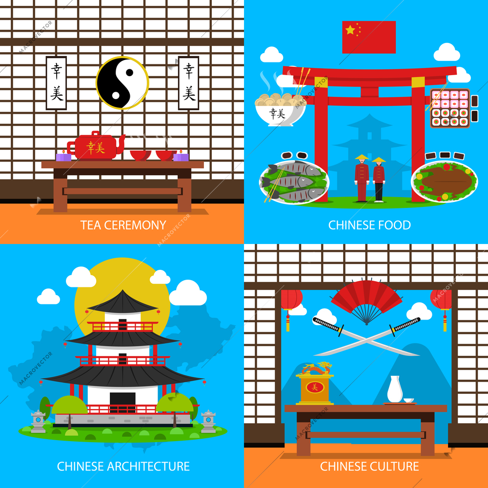 Chinese concept icons set with tea ceremony architecture and culture symbols flat isolated vector illustration