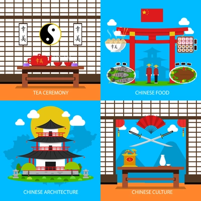 Chinese concept icons set with tea ceremony architecture and culture symbols flat isolated vector illustration