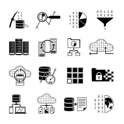Data collection data processing and information storage black icons set isolated vector illustration