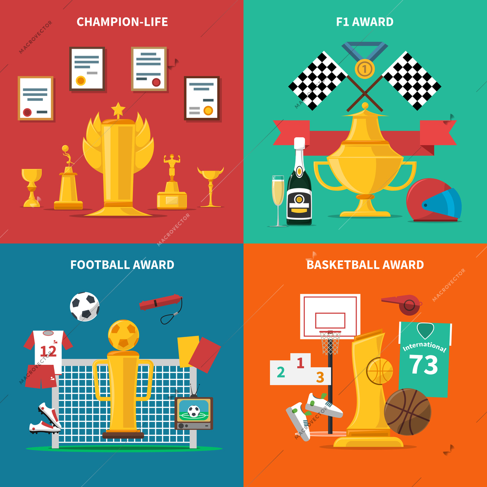 Sport awards icons set with football and basketball awards flat isolated vector illustration