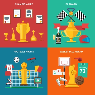 Sport awards icons set with football and basketball awards flat isolated vector illustration