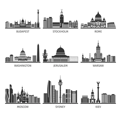 World famous capitals distinctive landscapes architecture sightseeing and landmarks black pictograms set abstract isolated vector illustration
