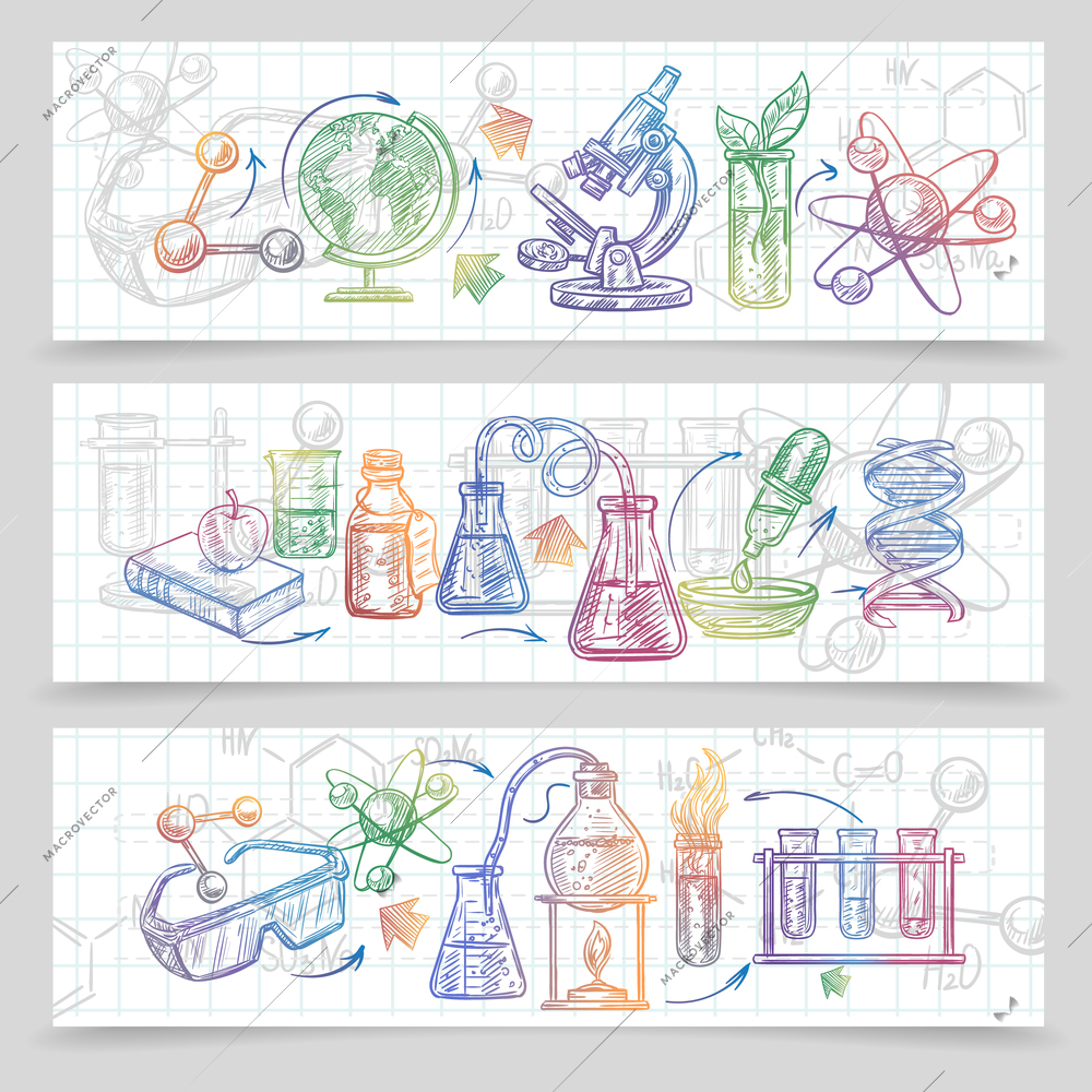 Chemistry horizontal sketch banners set with microscope and glasses isolated vector illustration