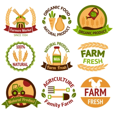 Farming harvesting and agriculture badges or labels set on white background isolated vector illustration