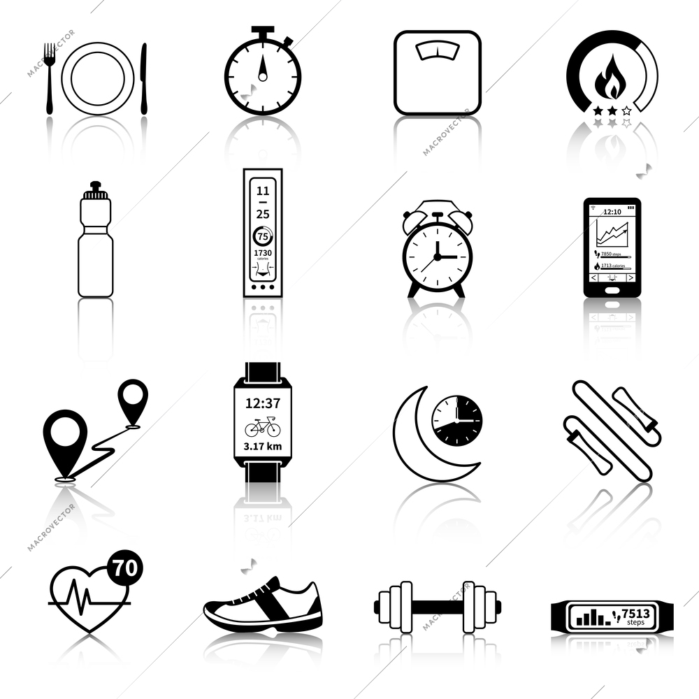Fitness tracker black icons for modern control of body weight calories and heart rate vector illustration