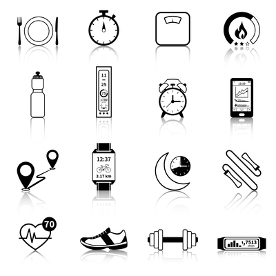 Fitness tracker black icons for modern control of body weight calories and heart rate vector illustration