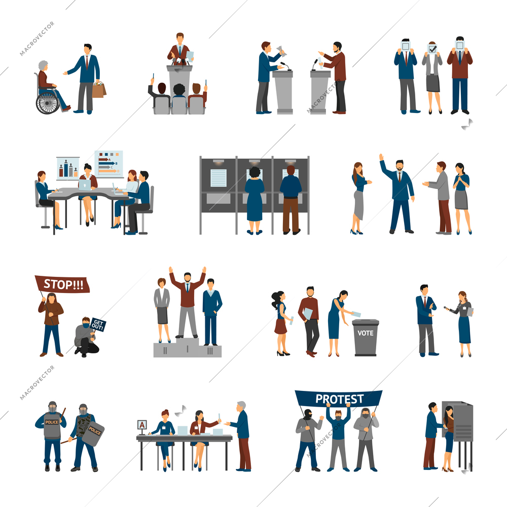 Political and election set with politians and volunteers set isolated vector illustration