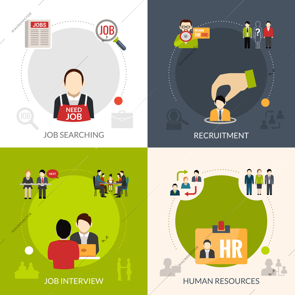 Recruitment design concept set with job searching and human resources isolated vector illustration