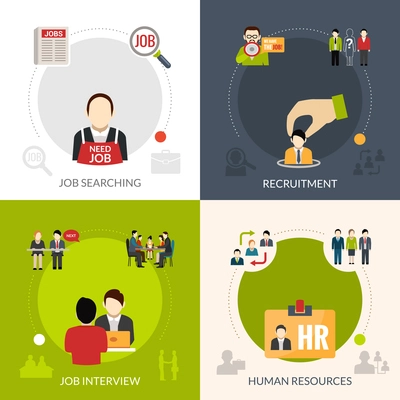 Recruitment design concept set with job searching and human resources isolated vector illustration