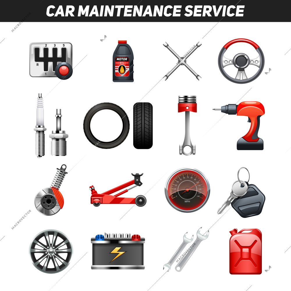 Car auto service garage center equipment for fixing and maintaining vehicles flat icons collection abstract isolated vector illustration