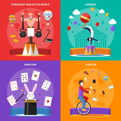 Circus concept icons set with gymnast magician and juggler symbols flat isolated vector illustration