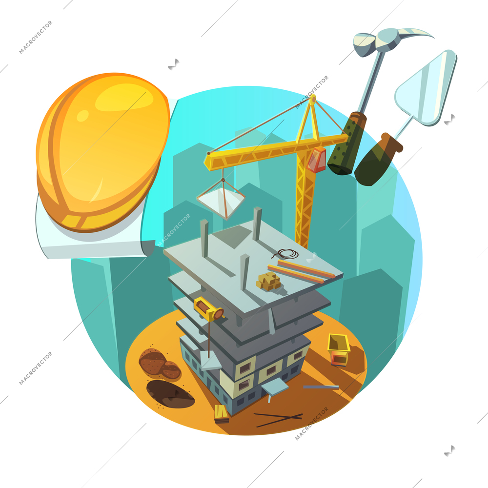 Construction concept with retro style working tools and machinery cartoon vector illustration