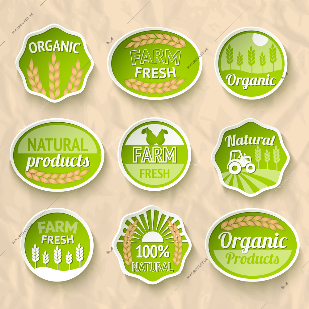 Farming harvesting and agriculture stickers set of natural organic fruits and vegetables vector illustration