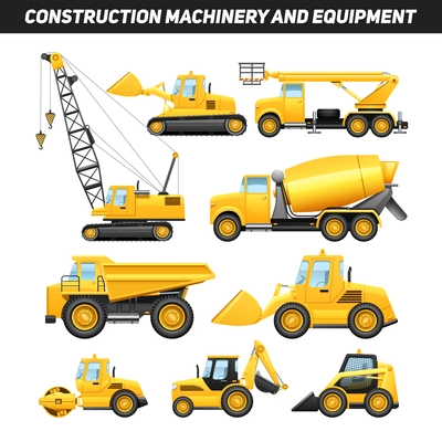 Construction equipment and machinery with trucks crane and bulldozer flat icons set bright yellow abstract isolated vector illustration