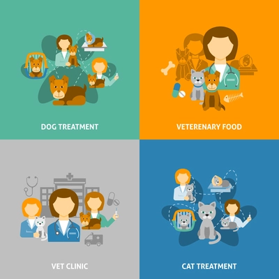 Veterinary clinic for pets with hospital and chemist shop 4 flat icons square composition isolated vector illustration