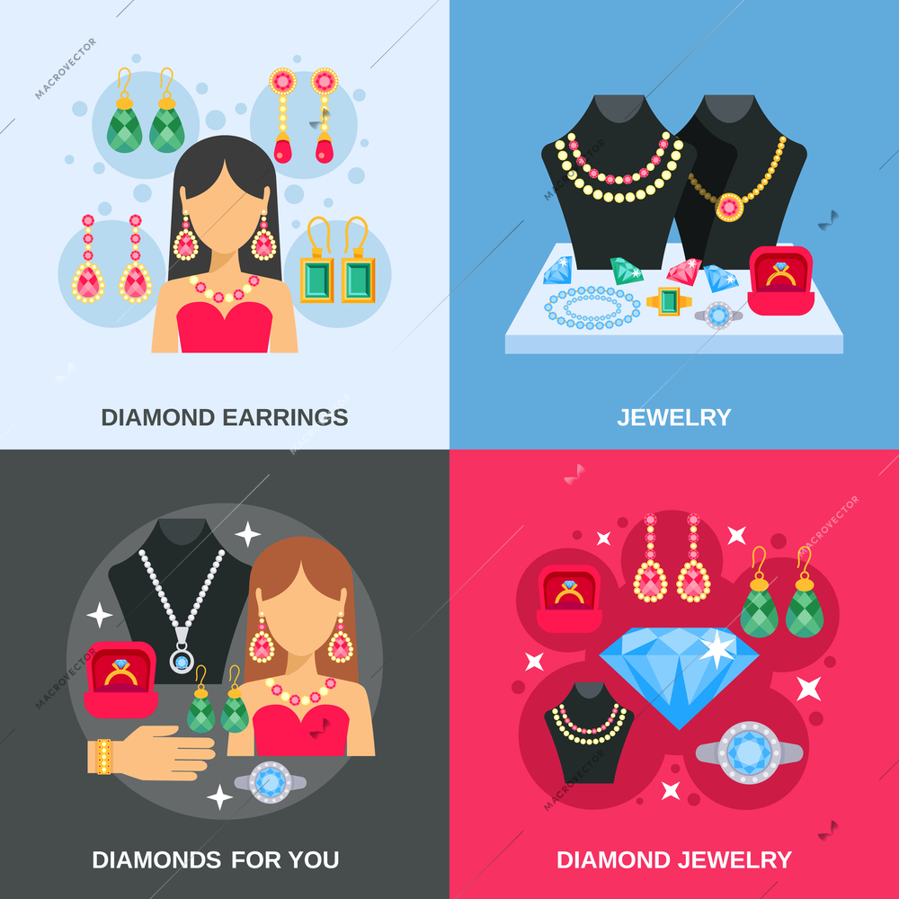 Jewelry concept icons set with diamond jewelry flat isolated vector illustration