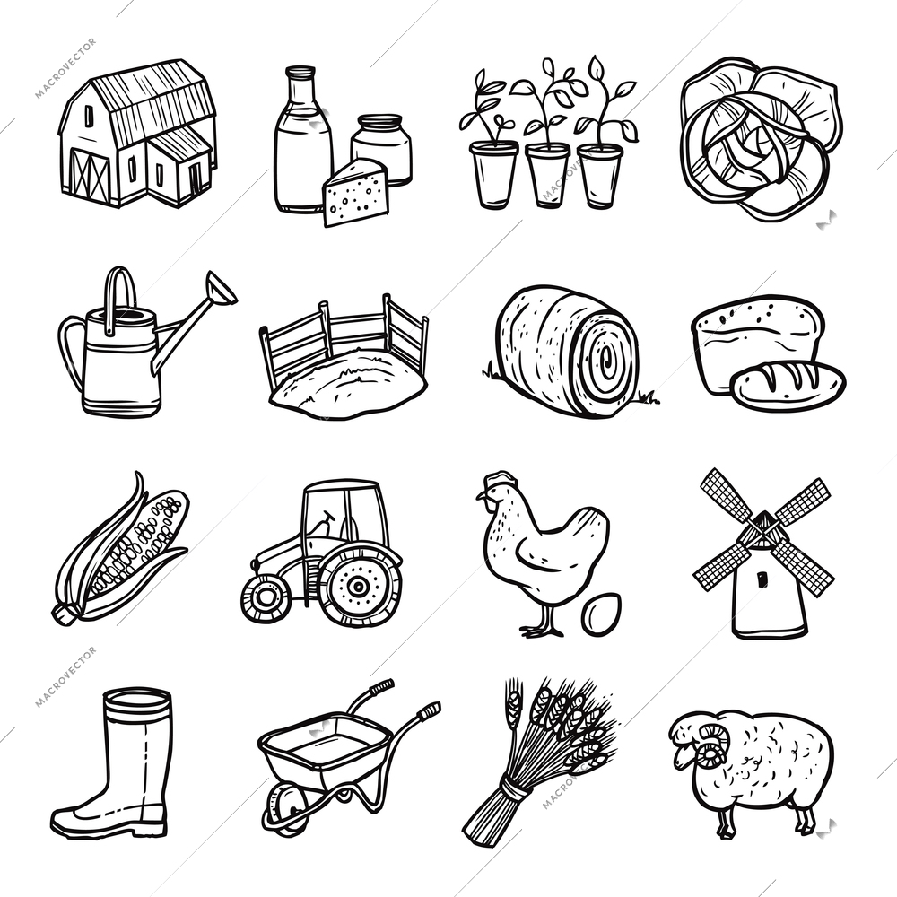 Agriculture black white icons set with tractor hen and bread symbols flat isolated vector illustration