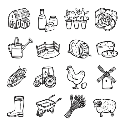 Agriculture black white icons set with tractor hen and bread symbols flat isolated vector illustration