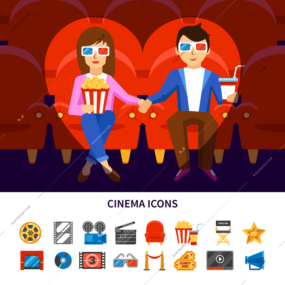 Cinema infographic set with a couple on a date and movie production symbols flat vector illustration