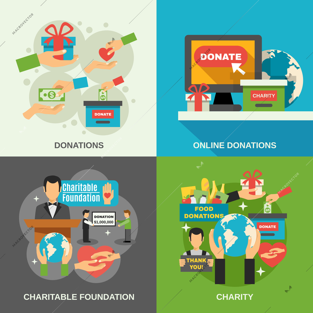 Charity concept icons set with online donations symbols flat isolated vector illustration