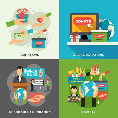 Charity concept icons set with online donations symbols flat isolated vector illustration