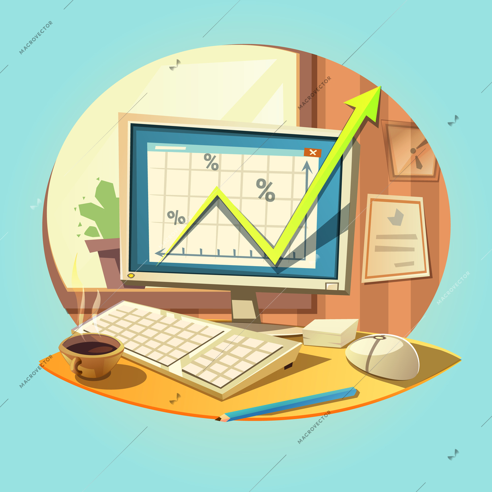 Business concept with retro cartoon laptop on office desk vector illustration