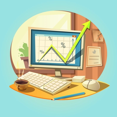 Business concept with retro cartoon laptop on office desk vector illustration