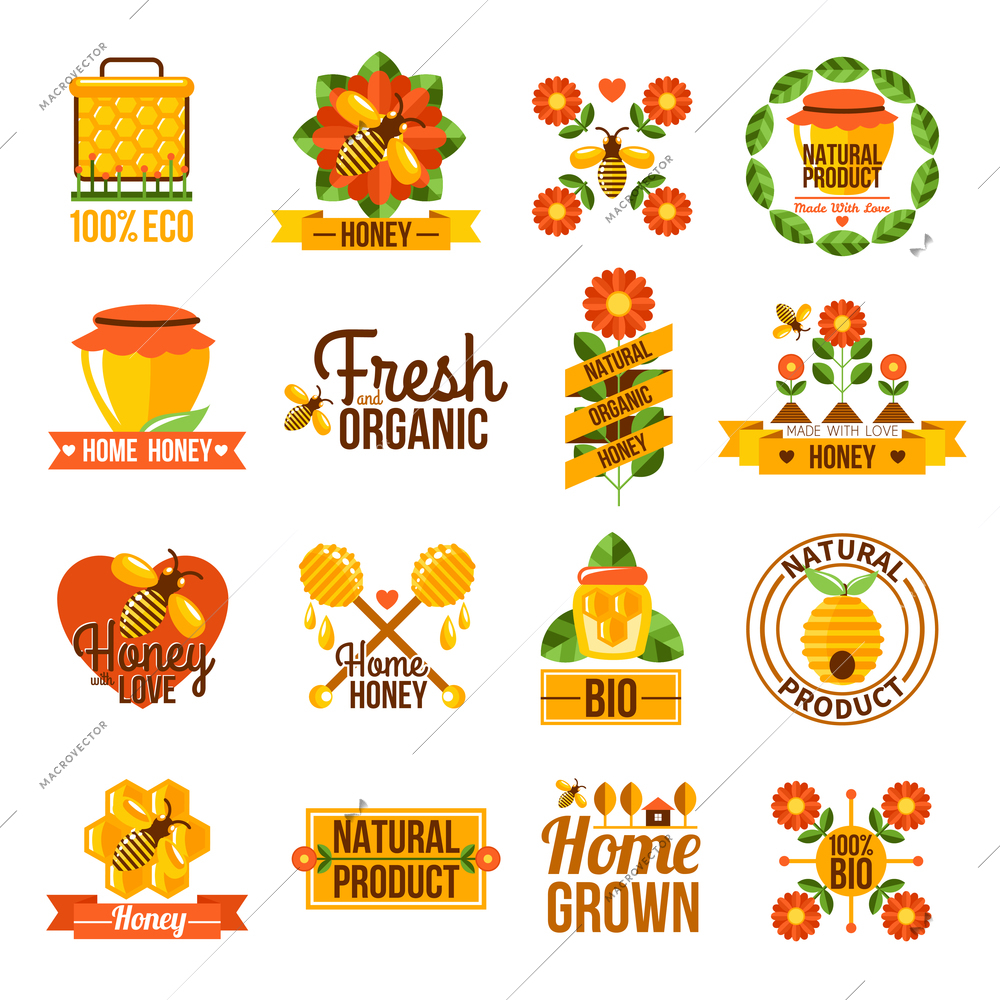 Flat label set of natural honey advertising with bees honeycomb structure and flowers isolated vector illustration