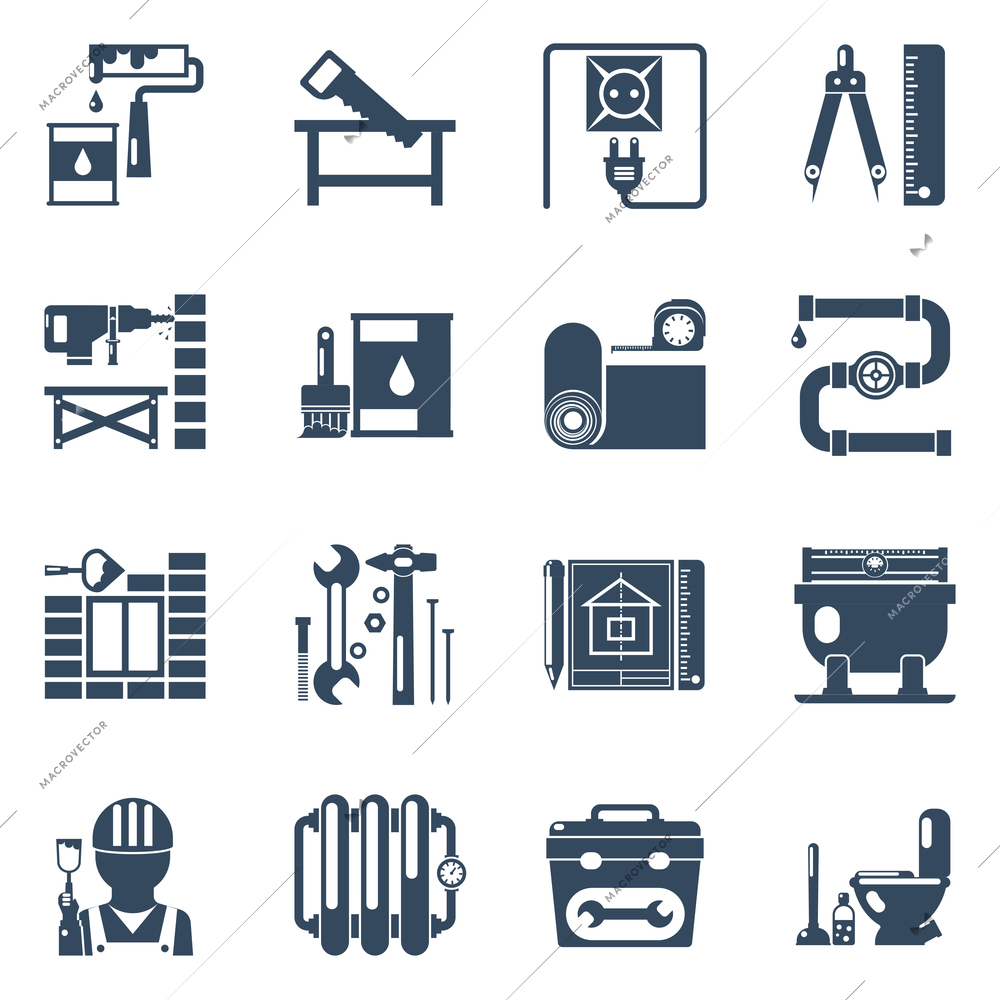 Home improvement repair and remodeling service with tools and utensils black icons set abstract vector isolated illustration