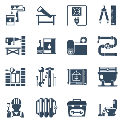 Home improvement repair and remodeling service with tools and utensils black icons set abstract vector isolated illustration