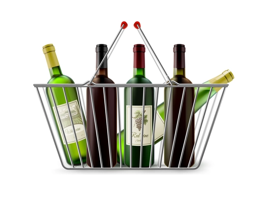 Chrome plated wire metal double handles square shopping basket with wine bottles realistic image pictogram vector illustration