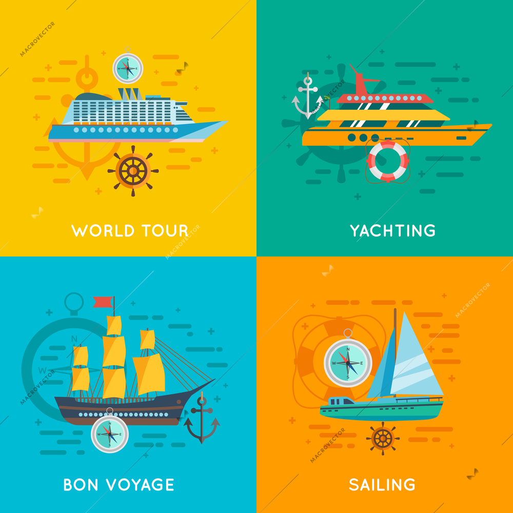 Ocean liner world cruise and yacht club sailing 4 flat icons square banner abstract isolated vector illustration