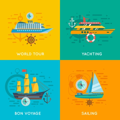 Ocean liner world cruise and yacht club sailing 4 flat icons square banner abstract isolated vector illustration