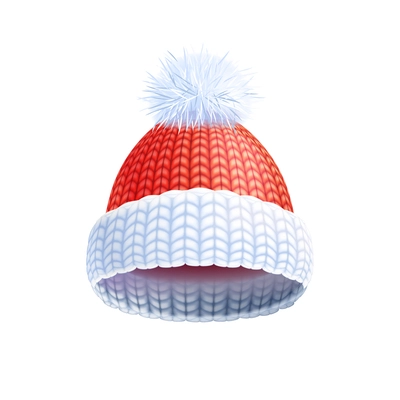 Modern knitted two colored beanie style hat with pompom for winter sport headwear flat print vector illustration