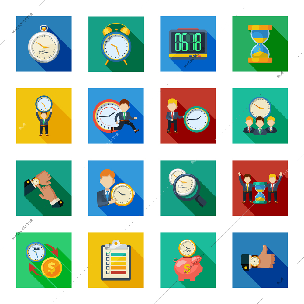 Time management money saving with hourglass sand clock flat icons slant shadow set abstract isolated vector illustration