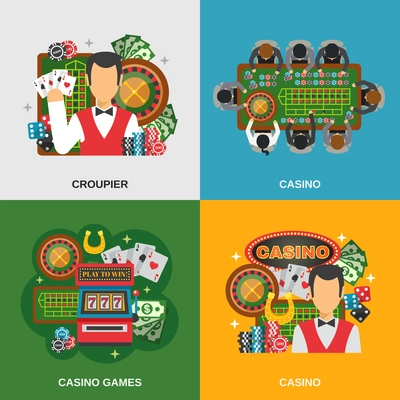 Casino concept icons set with croupier and casino games symbols flat isolated vector illustration