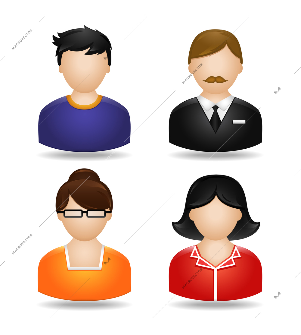 Avatar icons of male and female in casual work outfit and office clothing isolated vector illustrations