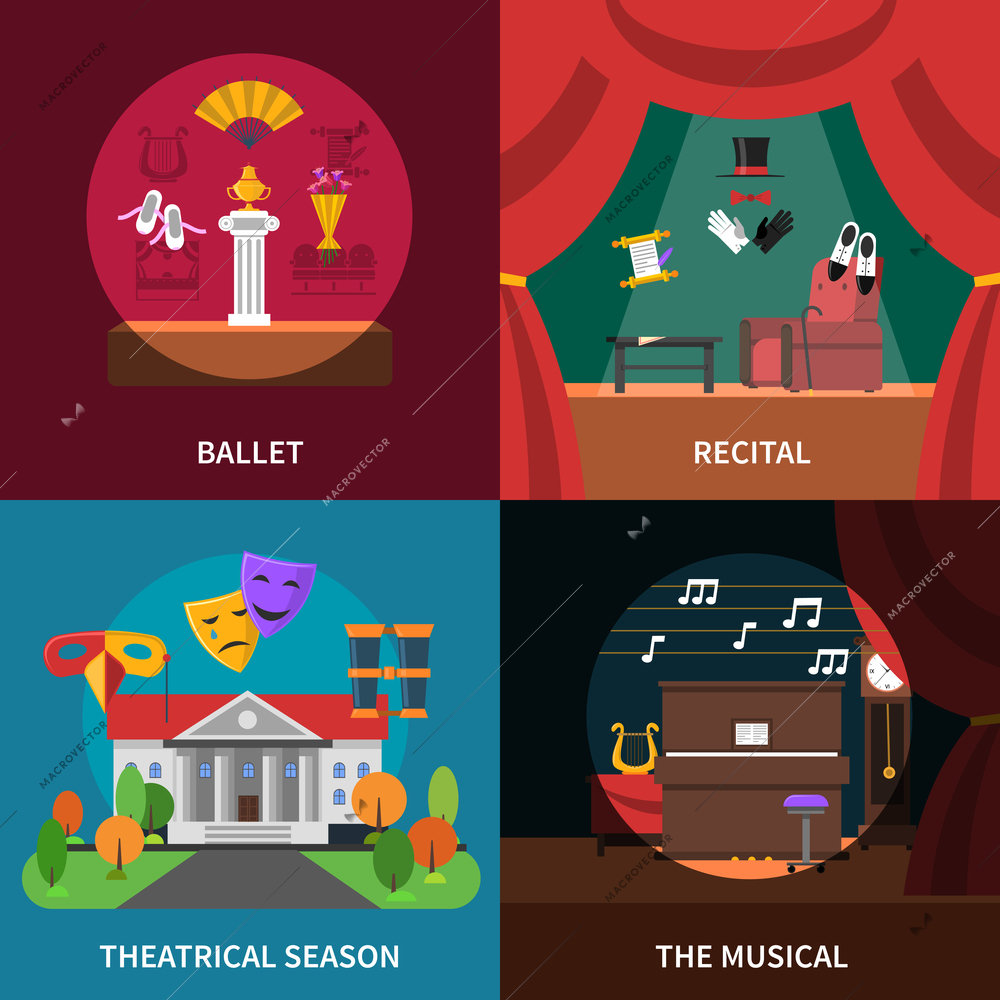 Theatre concept icons set with ballet recital and musical symbols flat isolated vector illustration
