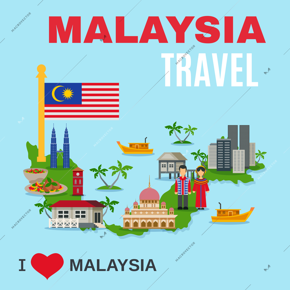 World travel agency malaysia top cultural tourists attraction poster with national symbols and country map flat vector illustration