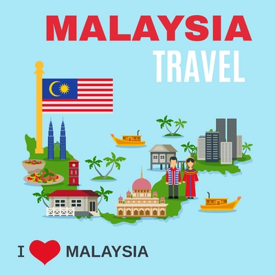 World travel agency malaysia top cultural tourists attraction poster with national symbols and country map flat vector illustration