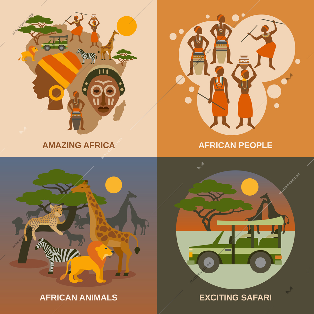 Africa concept icons set with african people animals and safari symbols flat isolated vector illustration