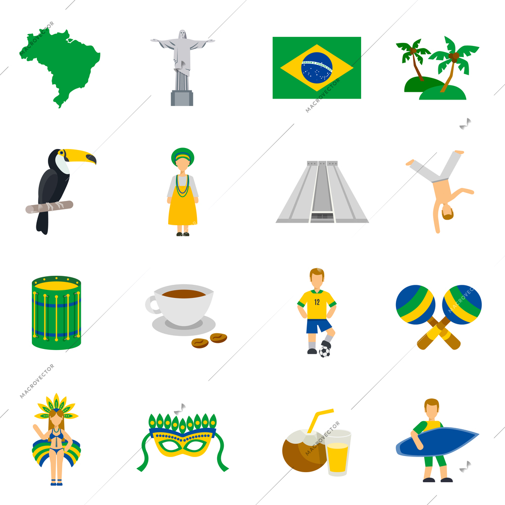 Brazilian culture and tradition symbols with country map flat icons collection in national colors abstract vector isolated illustration