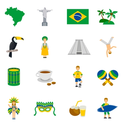 Brazilian culture and tradition symbols with country map flat icons collection in national colors abstract vector isolated illustration