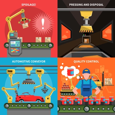 Conveyor icons set with spoilage pressing and quality control symbols flat isolated vector illustration