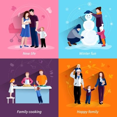 Happy family 4 flat icons square composition banner with cooking and newborn baby abstract isolated vector illustration