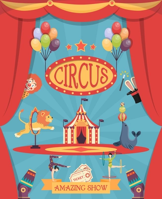 Amazing circus show poster with arena theatre coulisse tent and trained lion and navy seal flat vector illustration