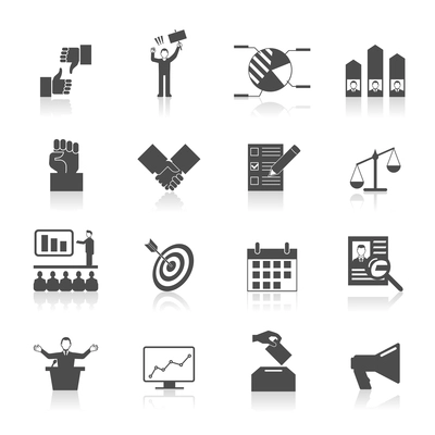 Politic icons set with election symbol voting diagram in black and white vector illustration