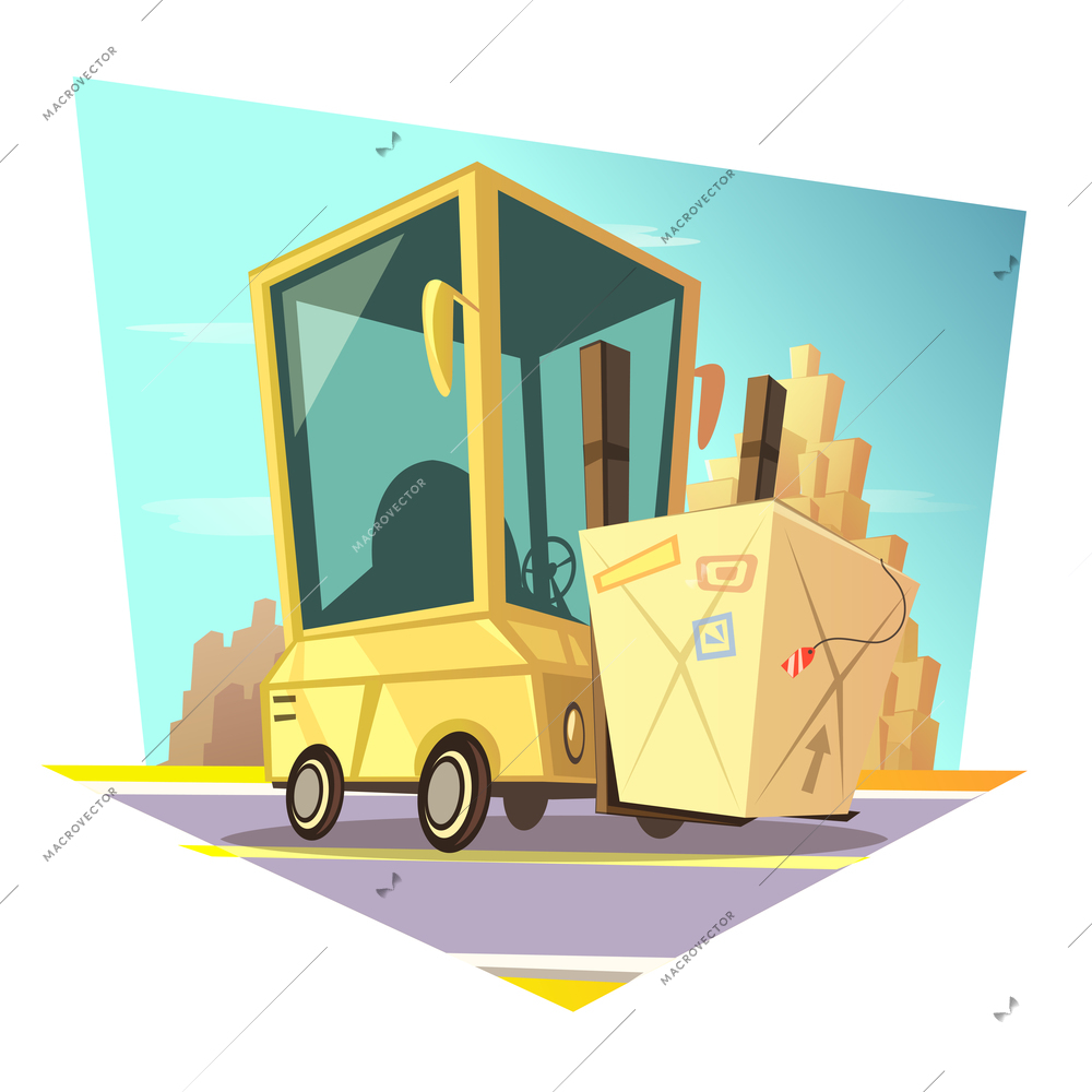 Warehouse concept with retro cartoon forklift carrying cardboard box vector illustration