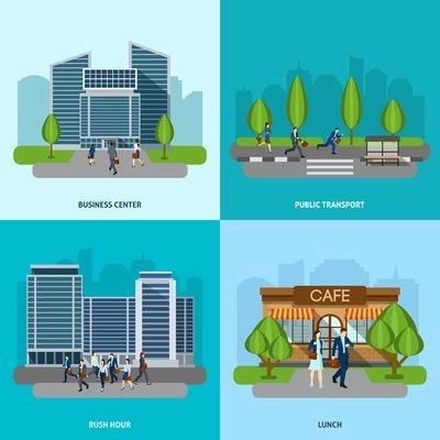 People go to work design concept set with public transport station flat icons isolated vector illustration